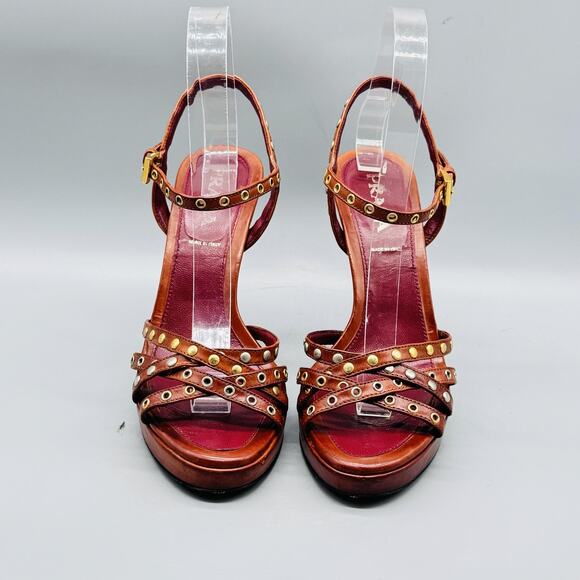 Prada Sandals Womens 6 Brown Leather Studded Strappy Buckle Platform High Heel - Picture 3 of 12